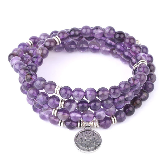 108-bead amethyst mala bracelet, Tree of Life and Lotus