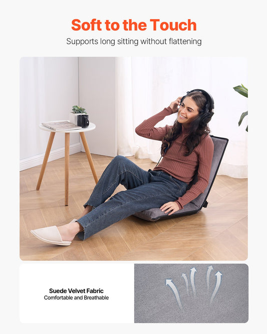 Floor chair, adjustable 6-position meditation chair with backrest, folding sofa chair for reading, watching TV, and playing video games, portable floor chair for kids, teens, and adults, grey