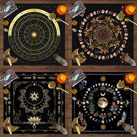 Decorative tablecloth Tarot, board game, mandala, moon phases, floral and butterfly pattern.