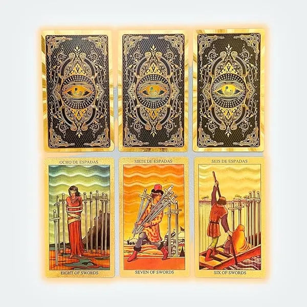 Jeu de tarot bilingue (espagnol et anglais) à feuilles dorées avec guide - 78 cartes spirituelles en PVC imperméable et infroissable