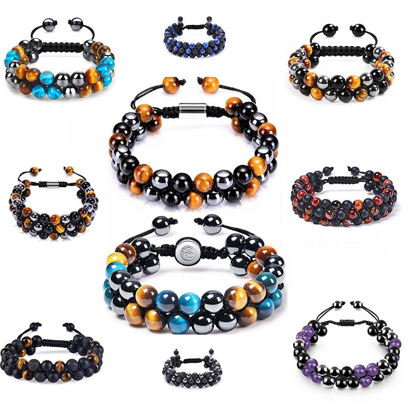 Bracelet œil de tigre et agate tressé ajustable