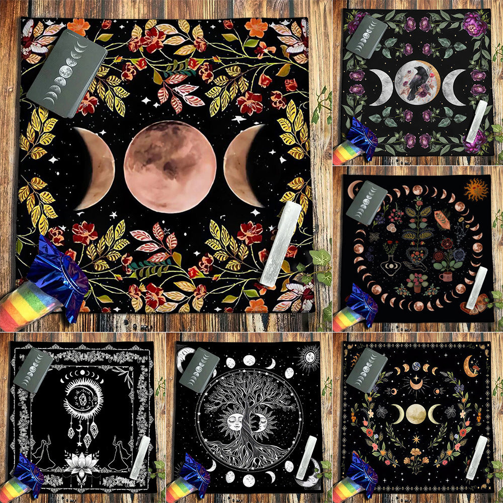 Nappe en flanelle motif tarot, coussin, lune et soleil, arbre porte-bonheur