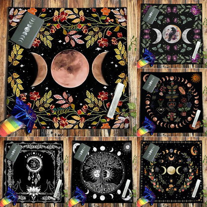 Nappe en flanelle motif tarot, coussin, lune et soleil, arbre porte-bonheur