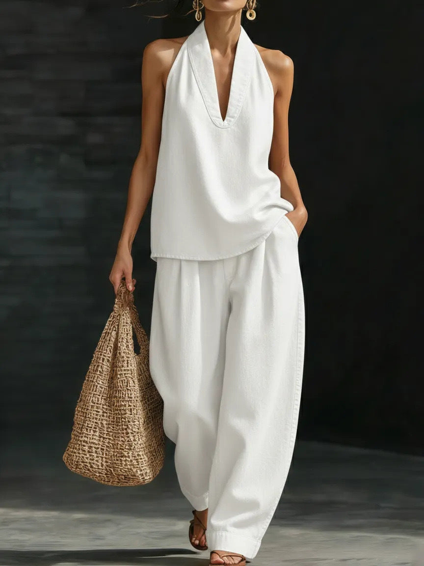 Off-the-shoulder top and wide-leg trousers set