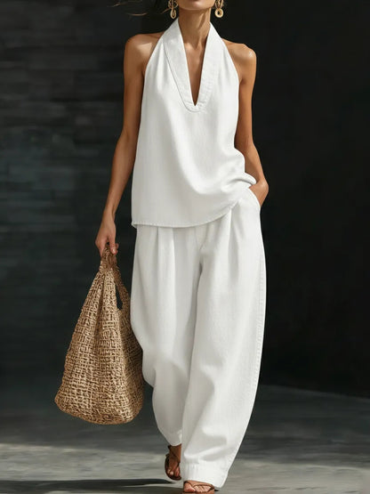 Off-the-shoulder top and wide-leg trousers set