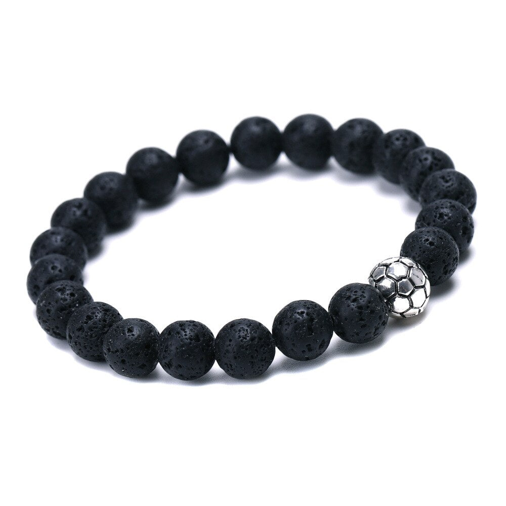 8 mm natural bead bracelet with soccer ball charm