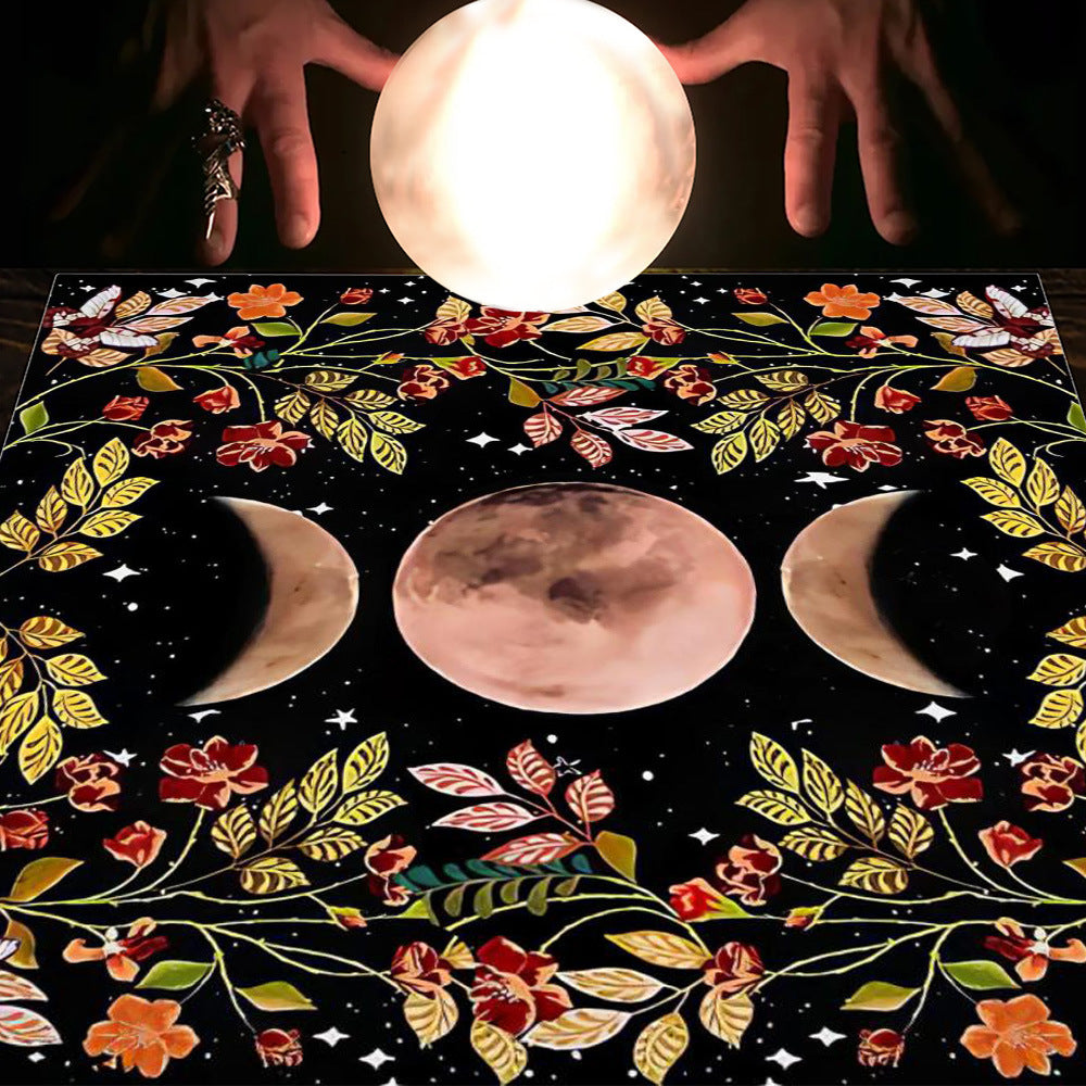 Nappe en flanelle motif tarot, coussin, lune et soleil, arbre porte-bonheur