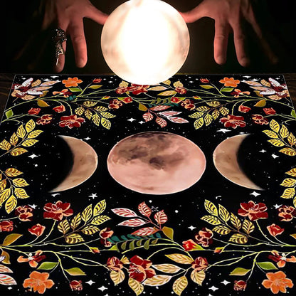 Nappe en flanelle motif tarot, coussin, lune et soleil, arbre porte-bonheur