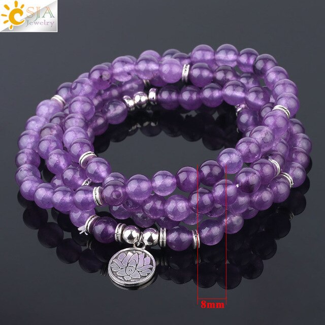 Bracelet mala 108 perles en améthyste, Arbre de vie et Lotus