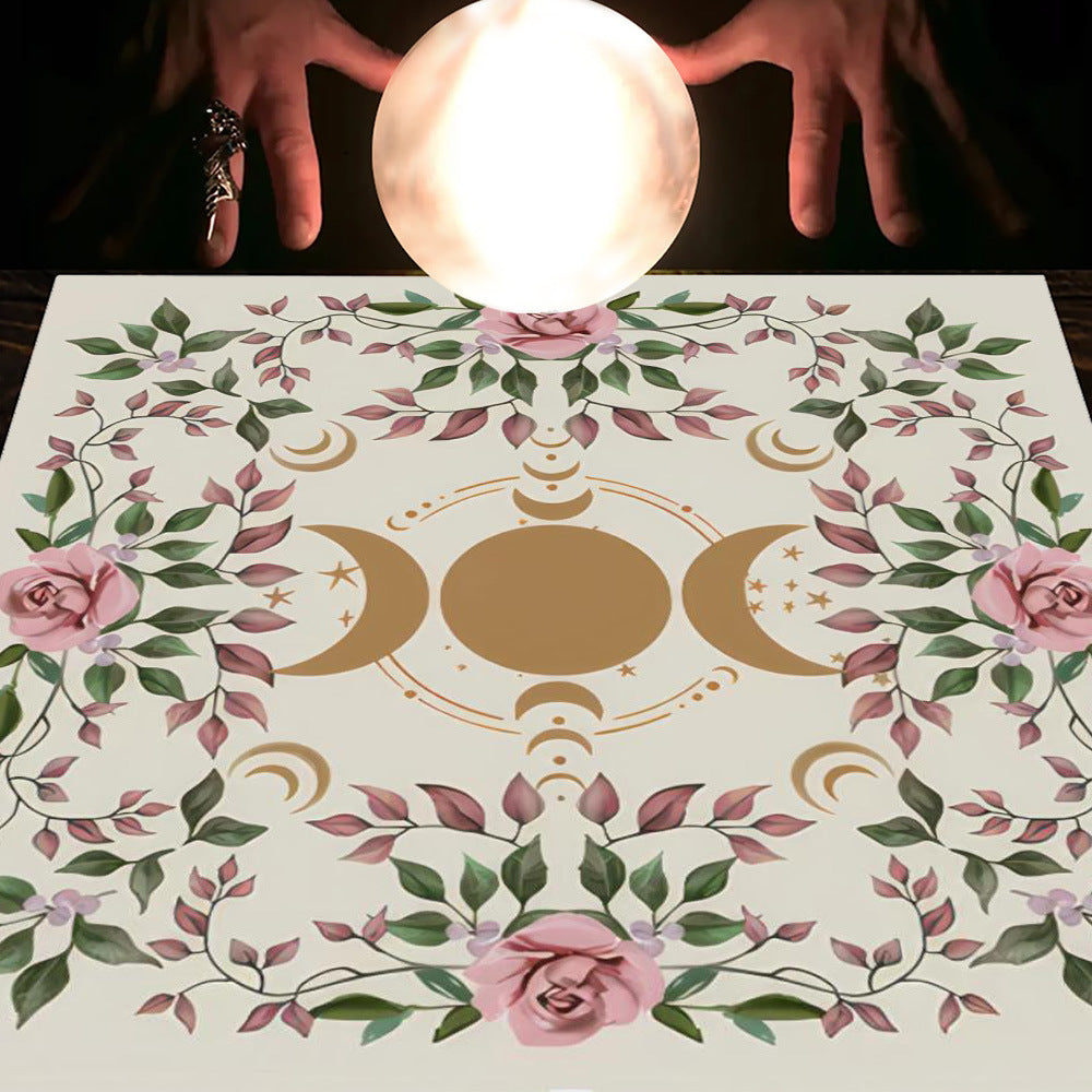 Nappe en flanelle motif tarot, coussin, lune et soleil, arbre porte-bonheur