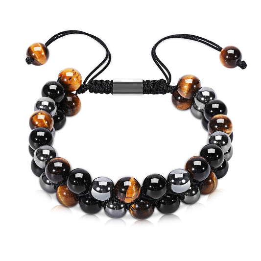 Bracelet œil de tigre et agate tressé ajustable