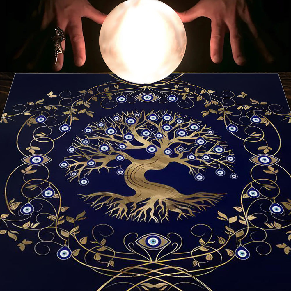 Nappe en flanelle motif tarot, coussin, lune et soleil, arbre porte-bonheur