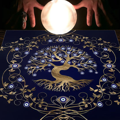 Nappe en flanelle motif tarot, coussin, lune et soleil, arbre porte-bonheur