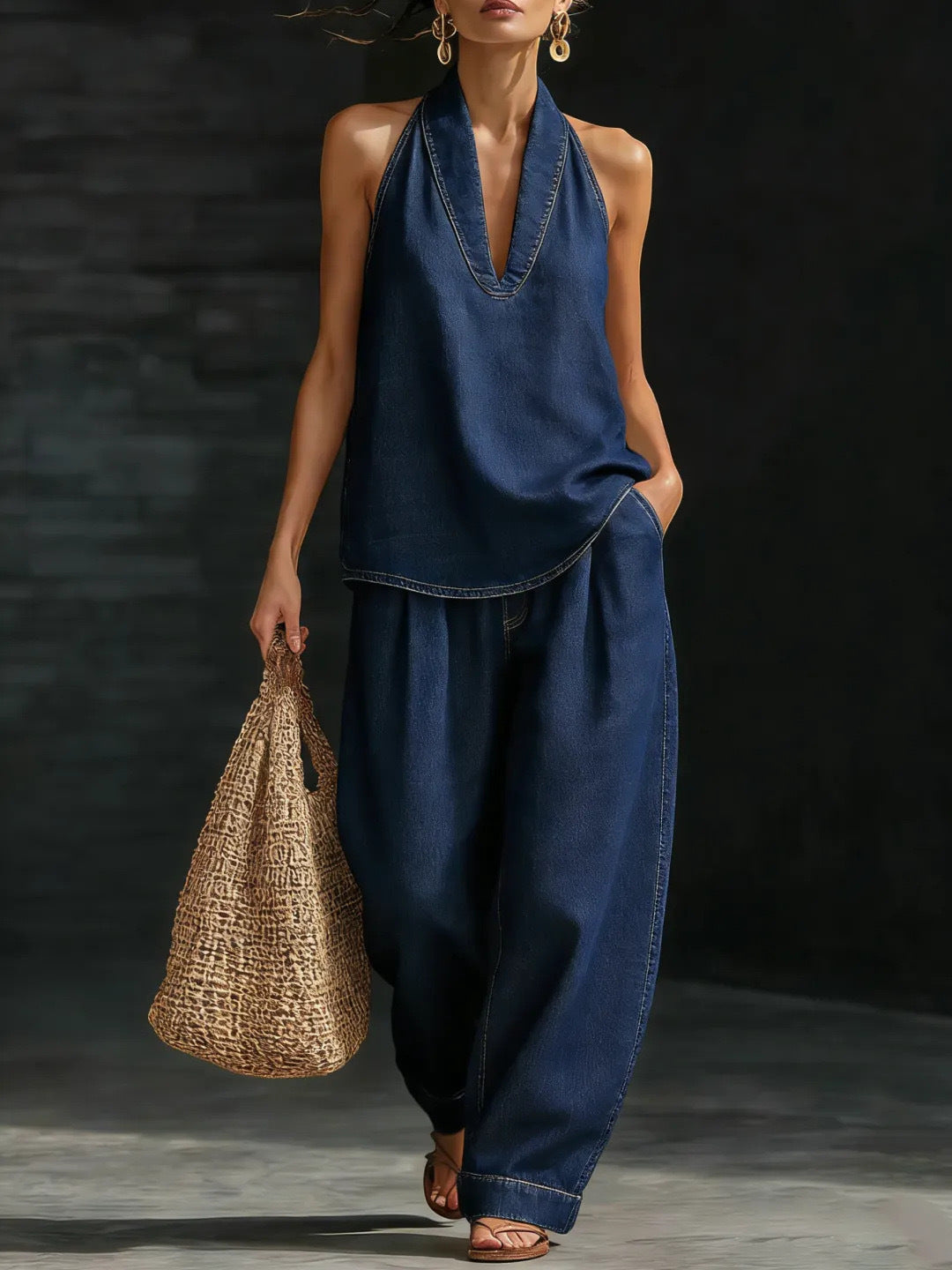 Off-the-shoulder top and wide-leg trousers set