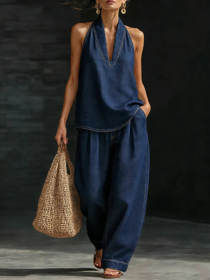 Off-the-shoulder top and wide-leg trousers set