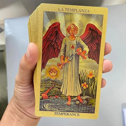 Jeu de tarot bilingue (espagnol et anglais) à feuilles dorées avec guide - 78 cartes spirituelles en PVC imperméable et infroissable
