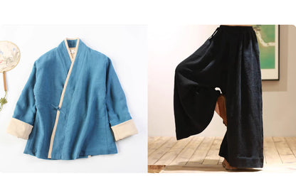 Zen Meditation Outfit for Women, Tang Style, Cotton and Linen, with Lapel Button and Modified Hanfu Style