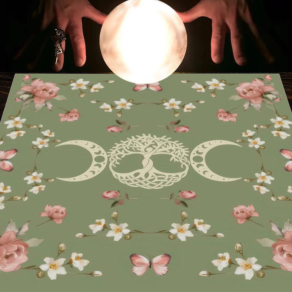 Nappe en flanelle motif tarot, coussin, lune et soleil, arbre porte-bonheur