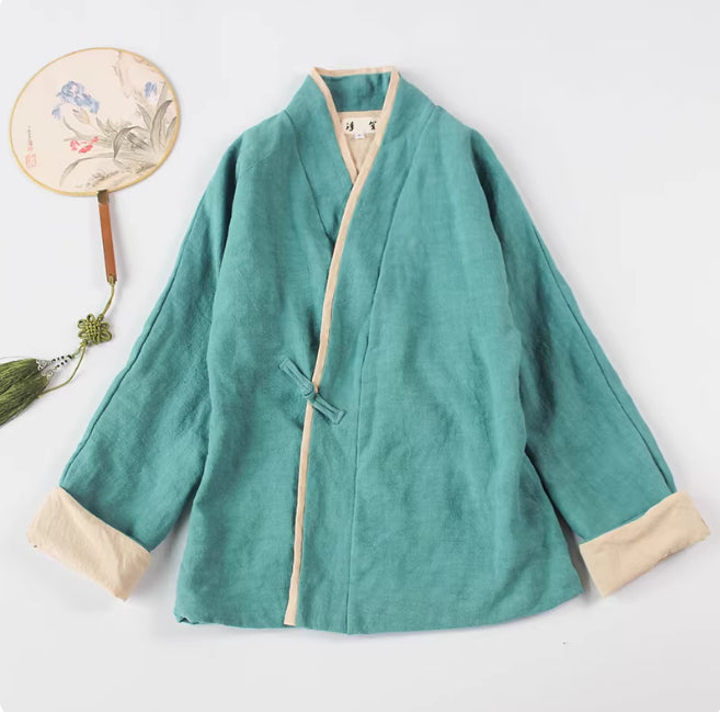Zen Meditation Outfit for Women, Tang Style, Cotton and Linen, with Lapel Button and Modified Hanfu Style