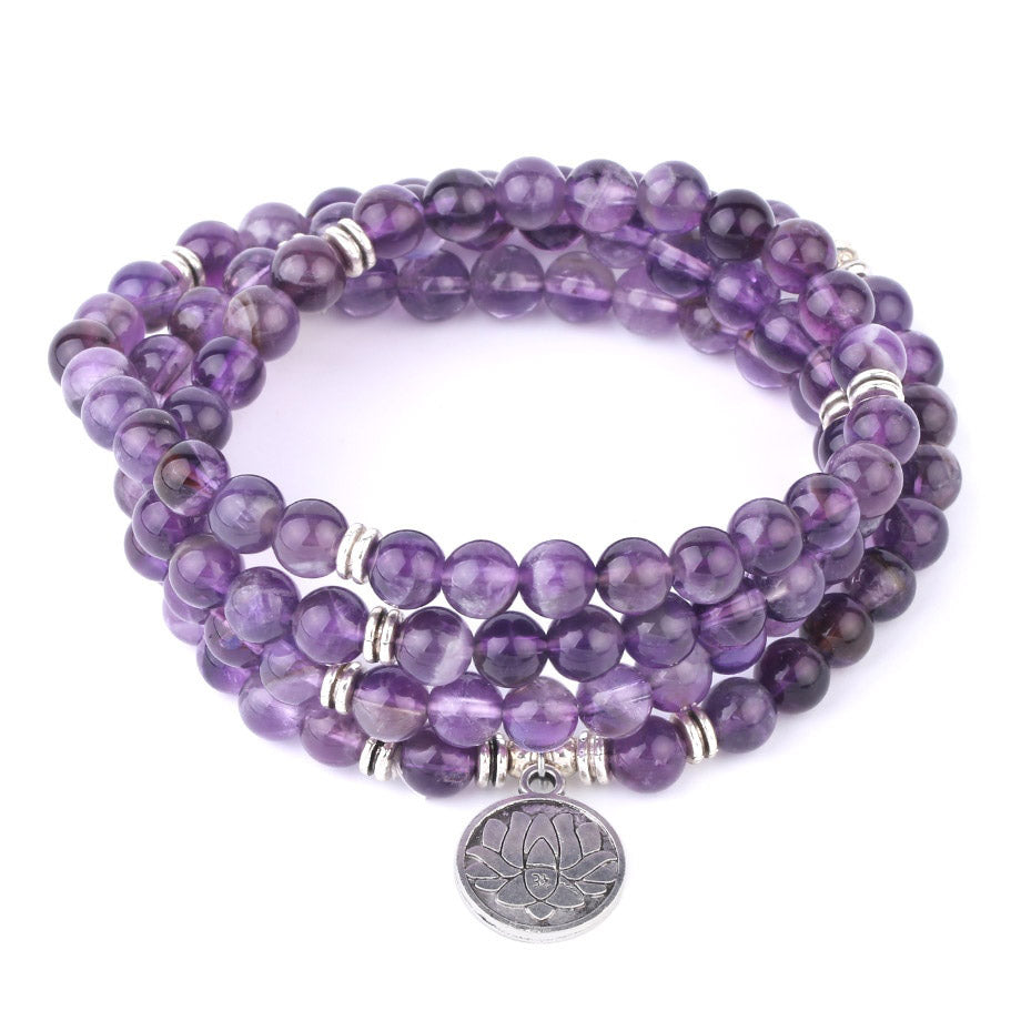 Bracelet mala 108 perles en améthyste, Arbre de vie et Lotus