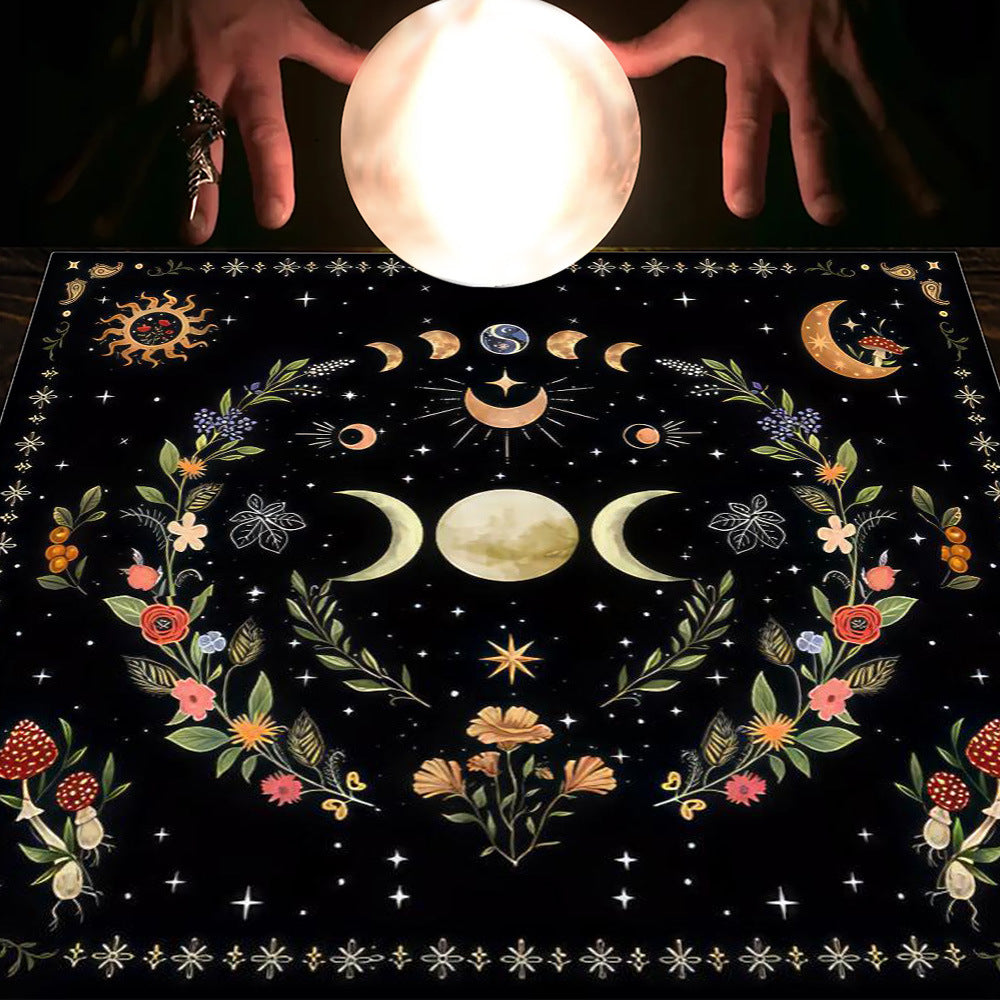 Nappe en flanelle motif tarot, coussin, lune et soleil, arbre porte-bonheur