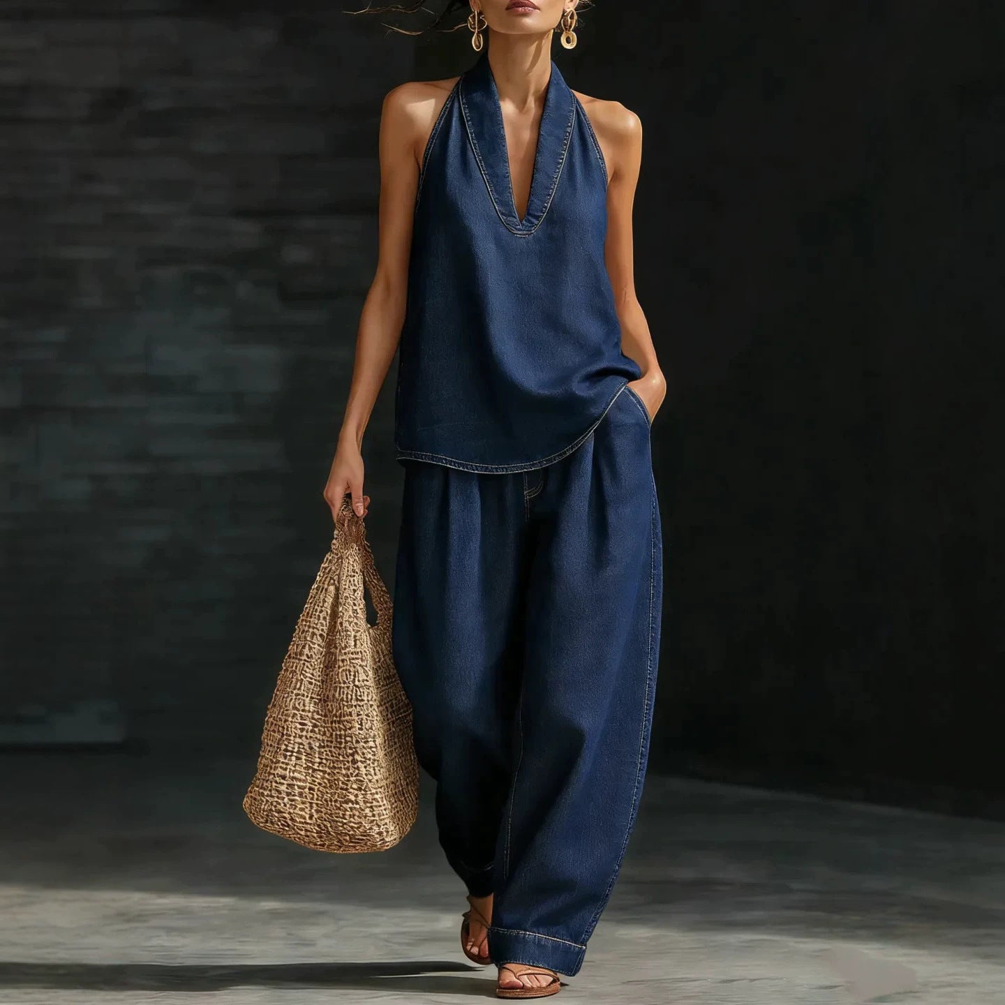 Off-the-shoulder top and wide-leg trousers set