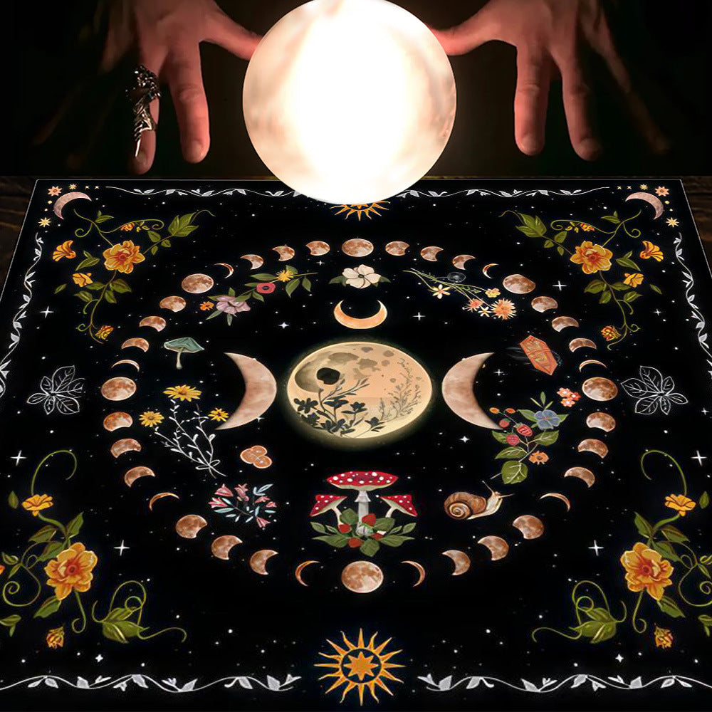 Nappe en flanelle motif tarot, coussin, lune et soleil, arbre porte-bonheur
