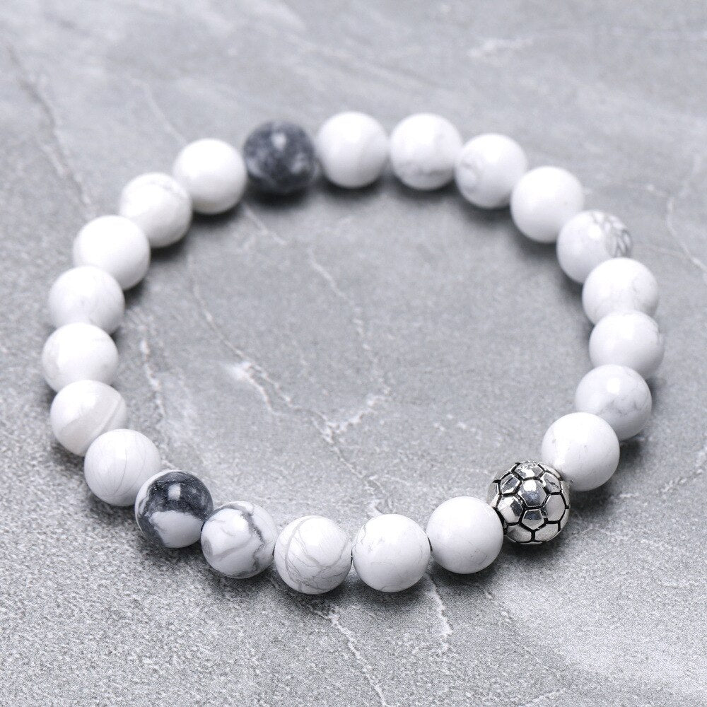 8 mm natural bead bracelet with soccer ball charm