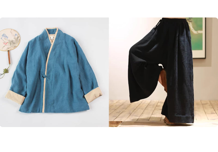 Zen Meditation Outfit for Women, Tang Style, Cotton and Linen, with Lapel Button and Modified Hanfu Style