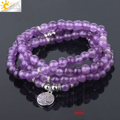 Bracelet mala 108 perles en améthyste, Arbre de vie et Lotus