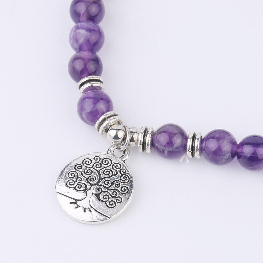 Bracelet mala 108 perles en améthyste, Arbre de vie et Lotus