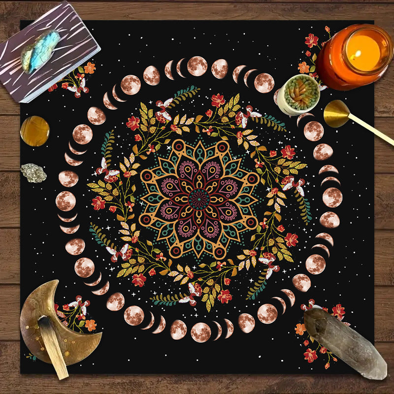 Nappe décorative Tarot, jeu de société, mandala, phases de la lune, motif floral et papillon.