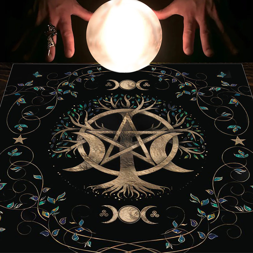 Nappe en flanelle motif tarot, coussin, lune et soleil, arbre porte-bonheur