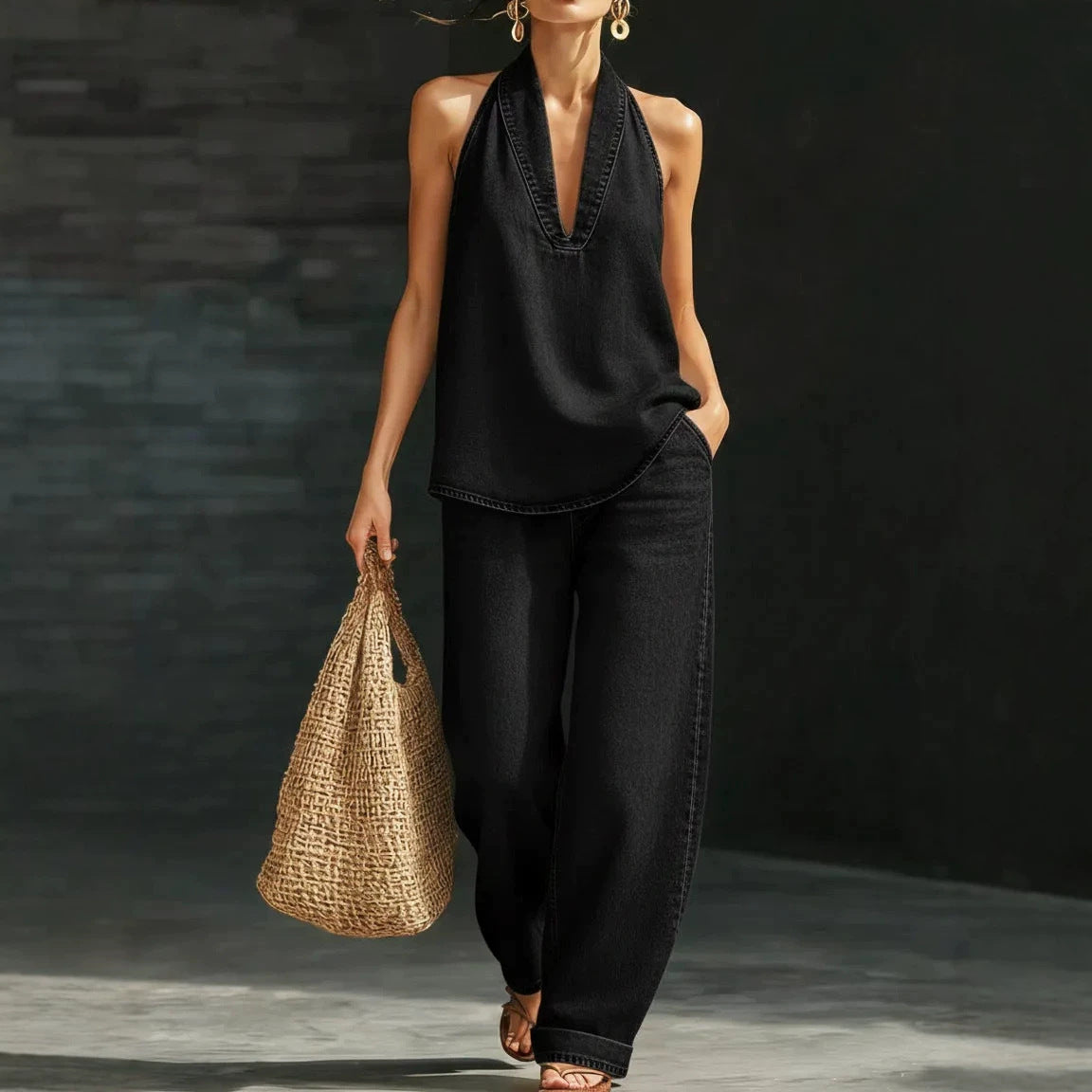 Off-the-shoulder top and wide-leg trousers set