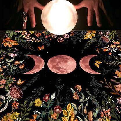 Nappe en flanelle motif tarot, coussin, lune et soleil, arbre porte-bonheur