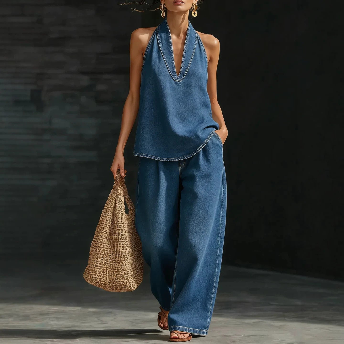Off-the-shoulder top and wide-leg trousers set
