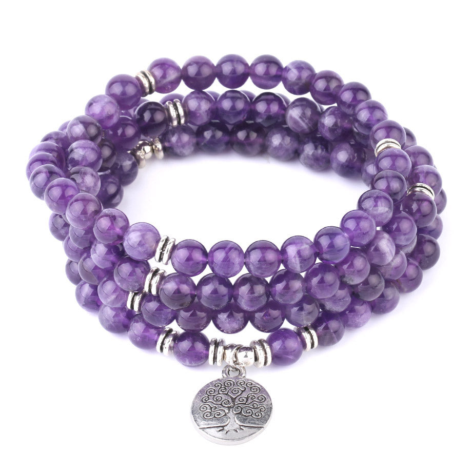 Bracelet mala 108 perles en améthyste, Arbre de vie et Lotus