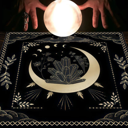 Nappe en flanelle motif tarot, coussin, lune et soleil, arbre porte-bonheur
