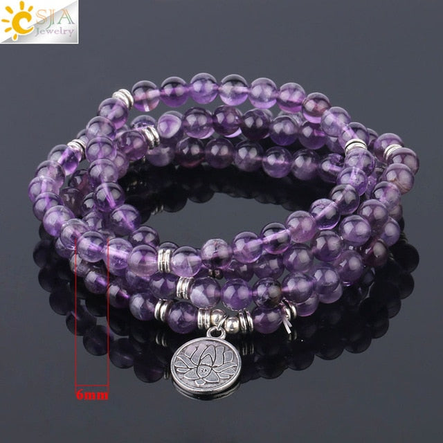 Bracelet mala 108 perles en améthyste, Arbre de vie et Lotus