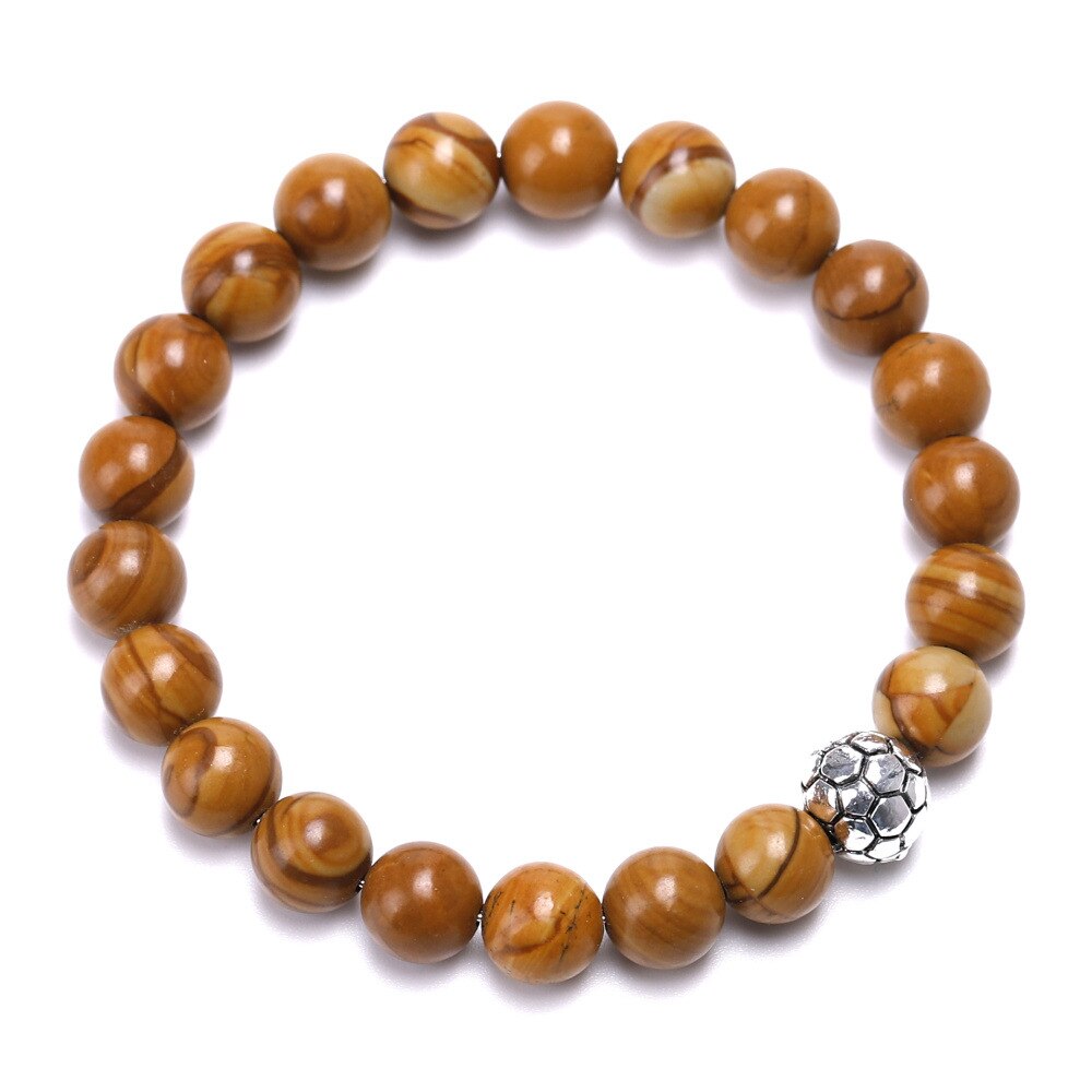 8 mm natural bead bracelet with soccer ball charm