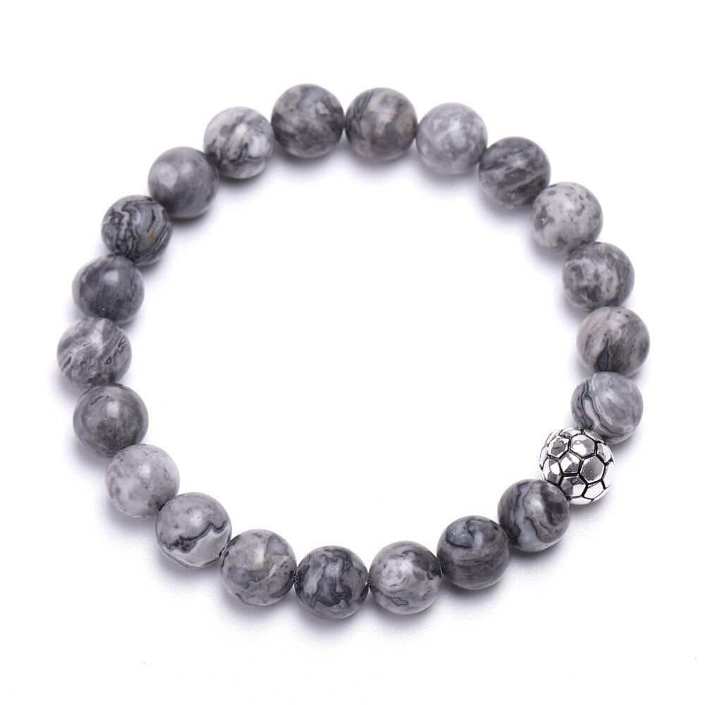 8 mm natural bead bracelet with soccer ball charm