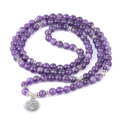 Bracelet mala 108 perles en améthyste, Arbre de vie et Lotus