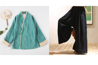Zen Meditation Outfit for Women, Tang Style, Cotton and Linen, with Lapel Button and Modified Hanfu Style