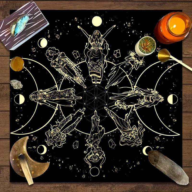 Nappe décorative Tarot, jeu de société, mandala, phases de la lune, motif floral et papillon.