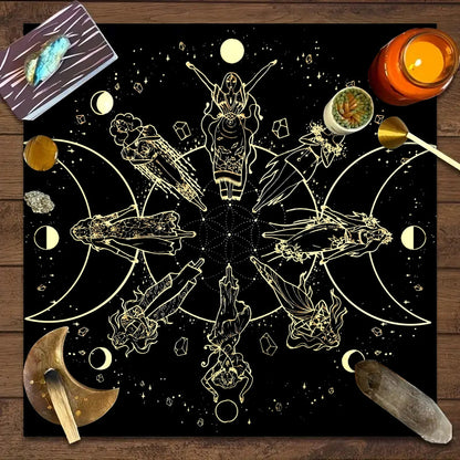 Nappe décorative Tarot, jeu de société, mandala, phases de la lune, motif floral et papillon.