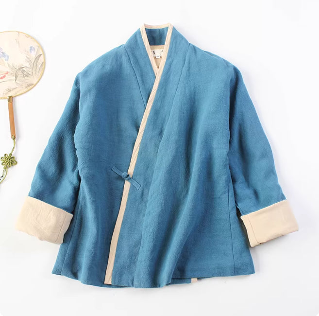 Zen Meditation Outfit for Women, Tang Style, Cotton and Linen, with Lapel Button and Modified Hanfu Style