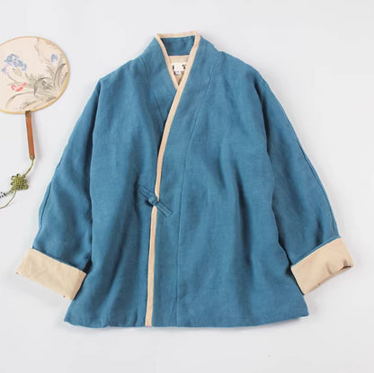 Zen Meditation Outfit for Women, Tang Style, Cotton and Linen, with Lapel Button and Modified Hanfu Style