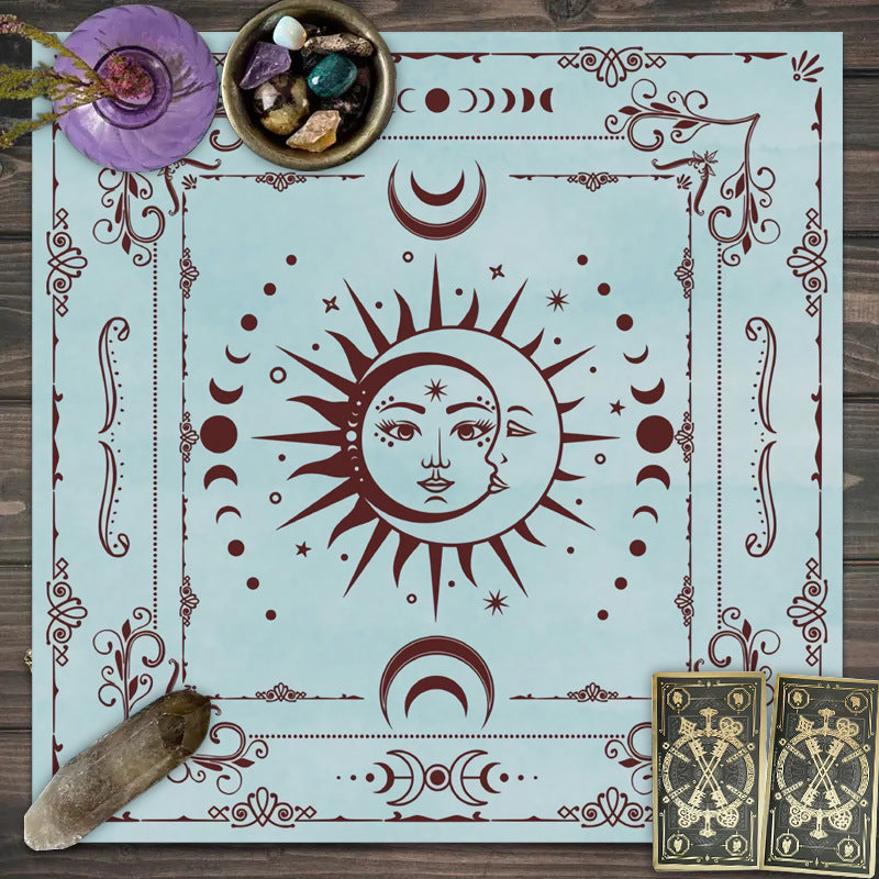 Nappe décorative Tarot, jeu de société, mandala, phases de la lune, motif floral et papillon.
