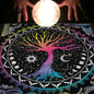 Nappe en flanelle motif tarot, coussin, lune et soleil, arbre porte-bonheur