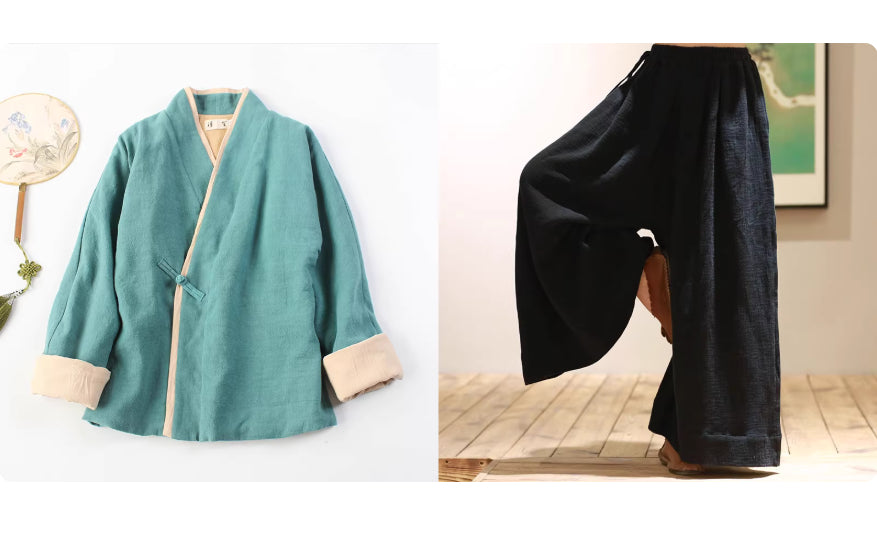 Zen Meditation Outfit for Women, Tang Style, Cotton and Linen, with Lapel Button and Modified Hanfu Style